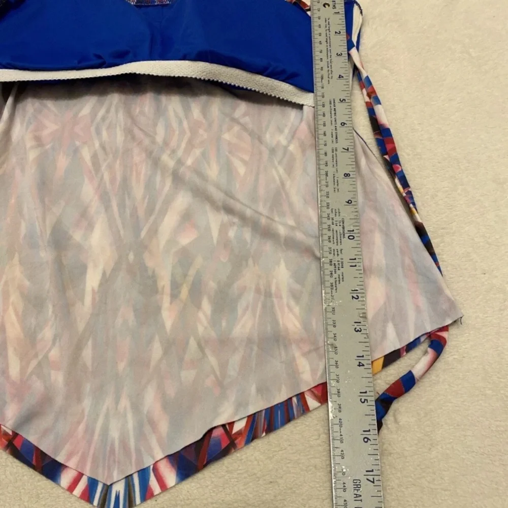 Colorful Geometric Bikini Top and Blue Shorts